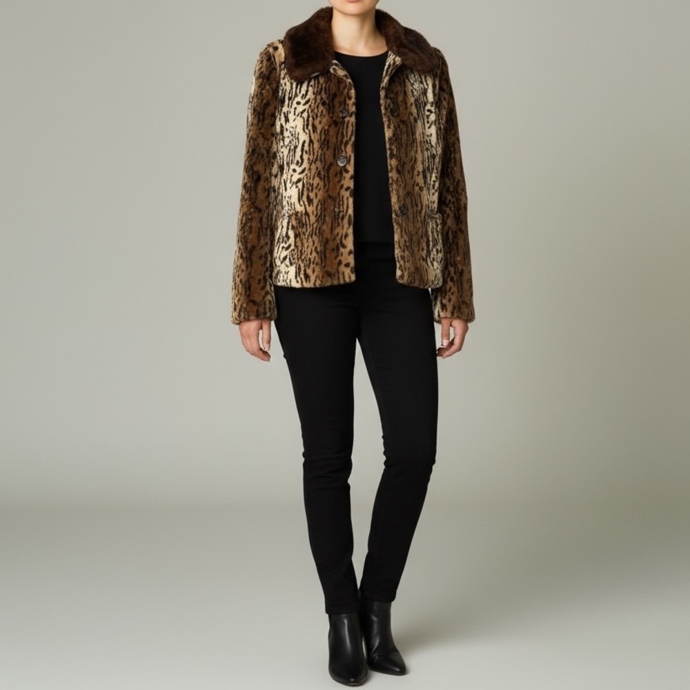 Charles Gray London Faux Fur Leopard‎ Print Jacket Brown Collar XL
